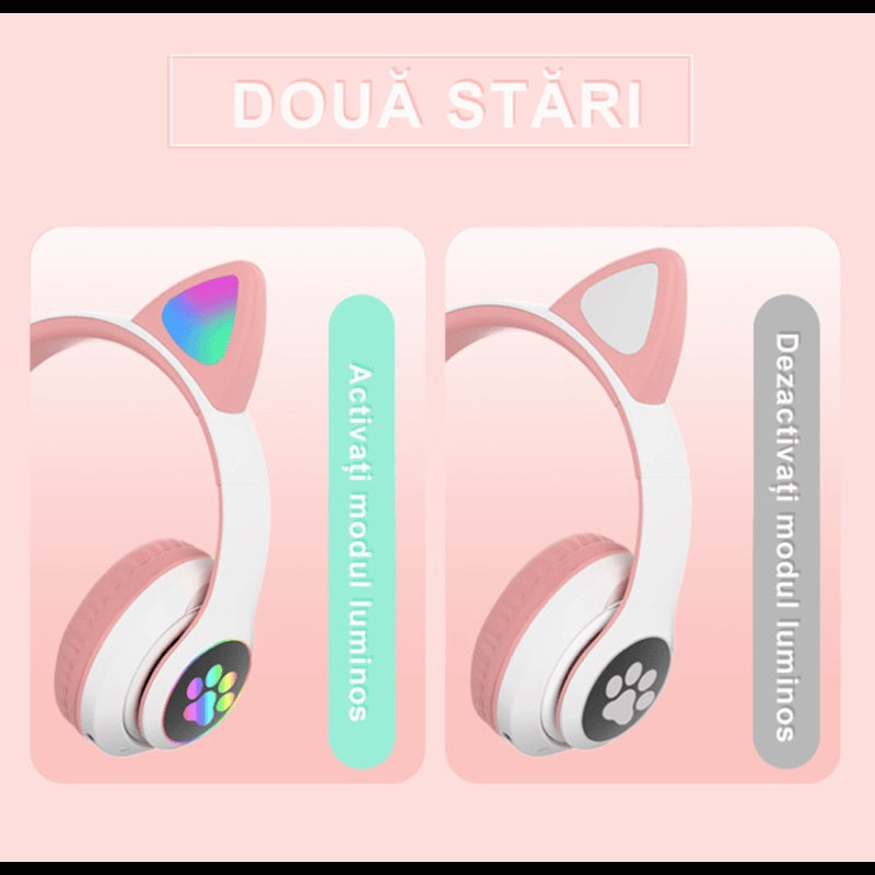 Casti Bluetooth pliabile, iluminare RGB, model urechi de pisica, STN-28