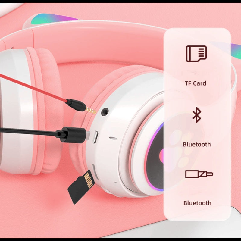 Casti Bluetooth pliabile, iluminare RGB, model urechi de pisica, STN-28