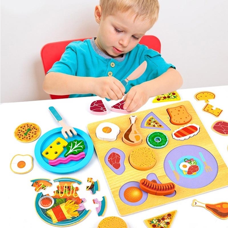 Joc educativ de lemn tip puzzle, model mancare