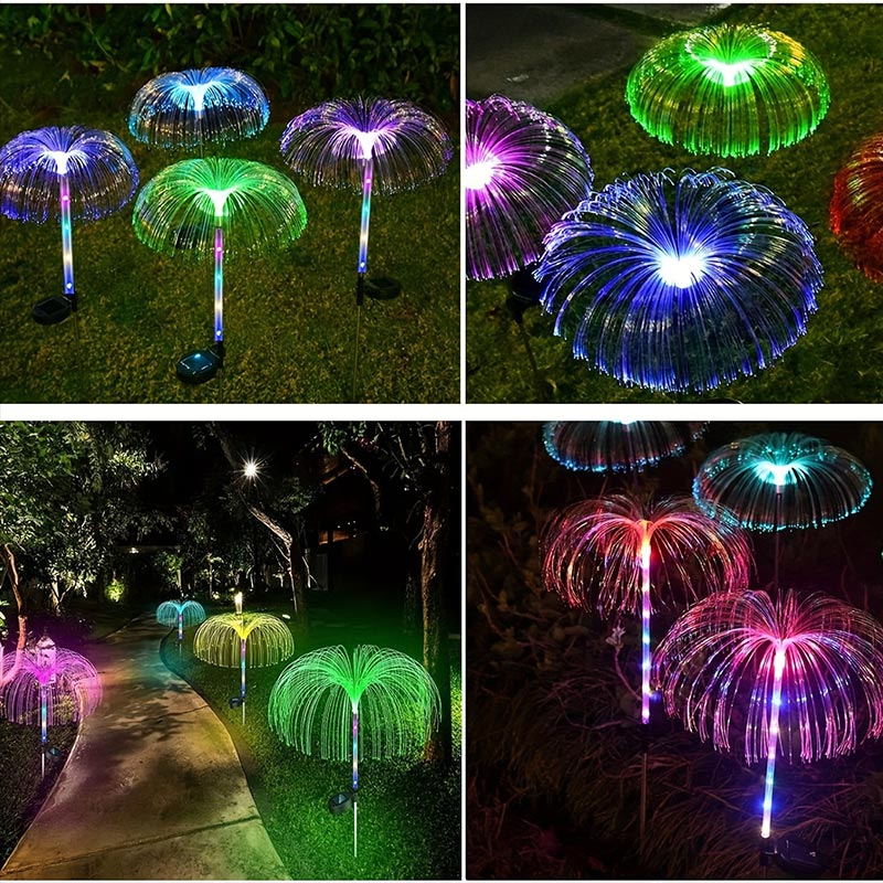 Lampi solare de gradina tip palmier, RGB, cu fibra optica (Set 2 bucati)