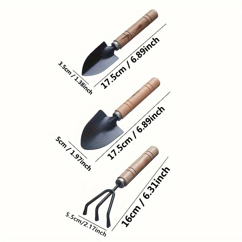 Mini unelte de gradinarit cu maner de lemn, set 3 bucati