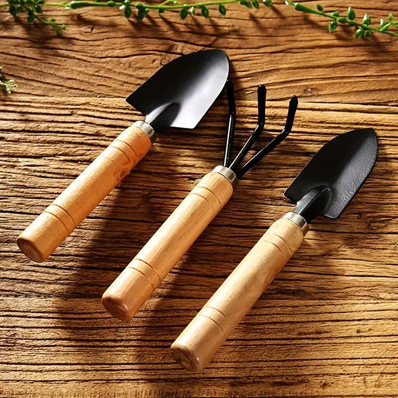 Mini unelte de gradinarit cu maner de lemn, set 3 bucati