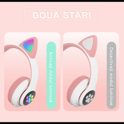 Casti Bluetooth pliabile, iluminare RGB, model urechi de pisica, STN-28