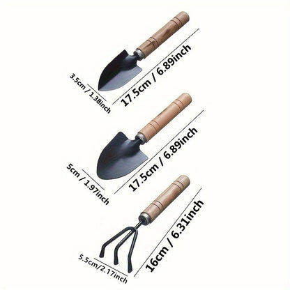 Mini unelte de gradinarit cu maner de lemn, set 3 bucati