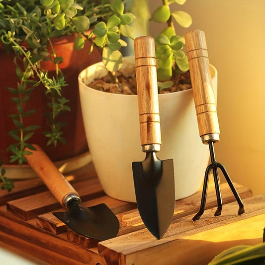 Mini unelte de gradinarit cu maner de lemn, set 3 bucati
